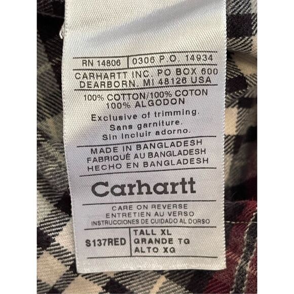 Carhartt Mens Red Plaid Long Sleeve Pocket Western Button Down Shirt XL Tall - Picture 7 of 7